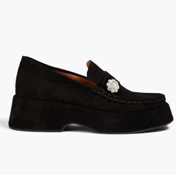 Ganni Crystal Embellished Suede Platform Loafers Black Women’s Designer Shoes - Picture 1 of 14